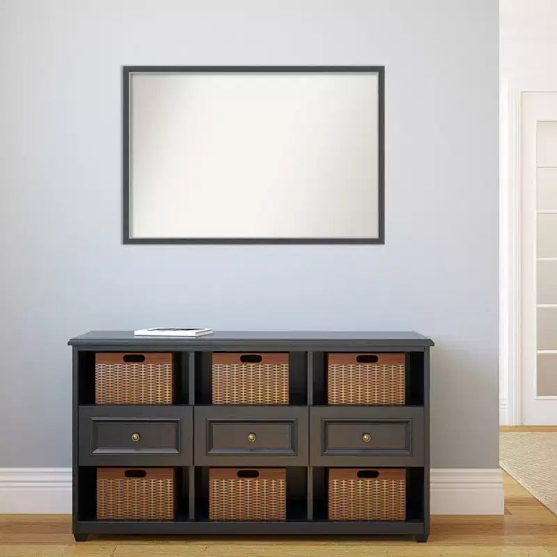 38" x 26" Non-Beveled Eva Thin Bathroom Wall Mirror Black - Amanti Art: Polystyrene Frame, Wall Mount