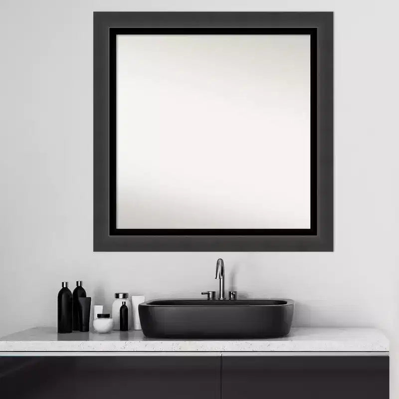 31"x31" Non-Beveled Tuxedo Black Bathroom Wall Mirror - Amanti Art: Modern Square, Polystyrene Frame