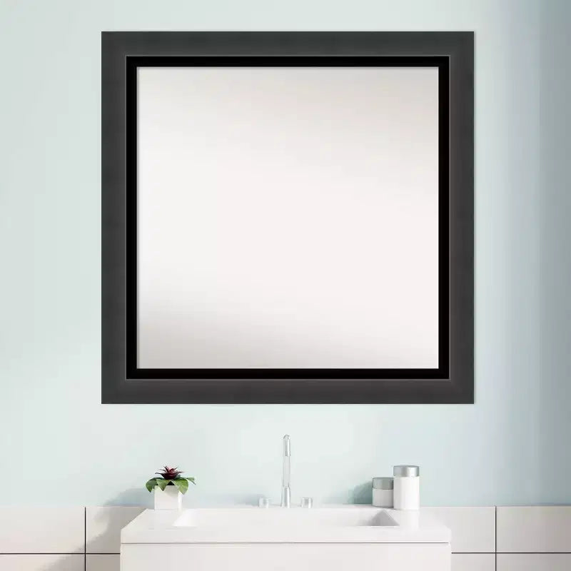 31"x31" Non-Beveled Tuxedo Black Bathroom Wall Mirror - Amanti Art: Modern Square, Polystyrene Frame