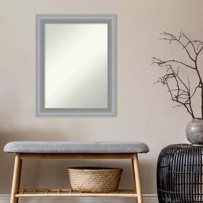 23"x29" Non-Beveled Peak Polished Nickel Narrow Bathroom Wall Mirror - Amanti Art: Includes Mounting Hardware