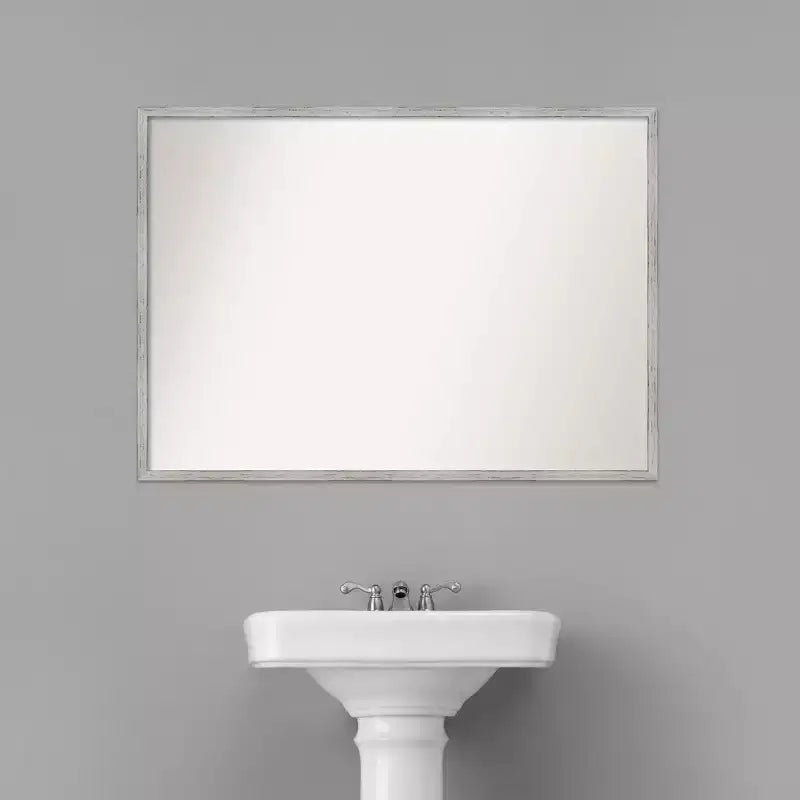 39" x 28" Non-Beveled Shiplap White Narrow Wood Bathroom Wall Mirror - Amanti Art: Includes Mounting Hardware