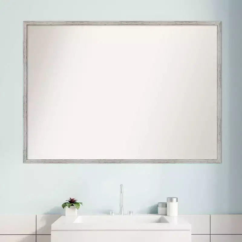 39" x 28" Non-Beveled Shiplap White Narrow Wood Bathroom Wall Mirror - Amanti Art: Includes Mounting Hardware