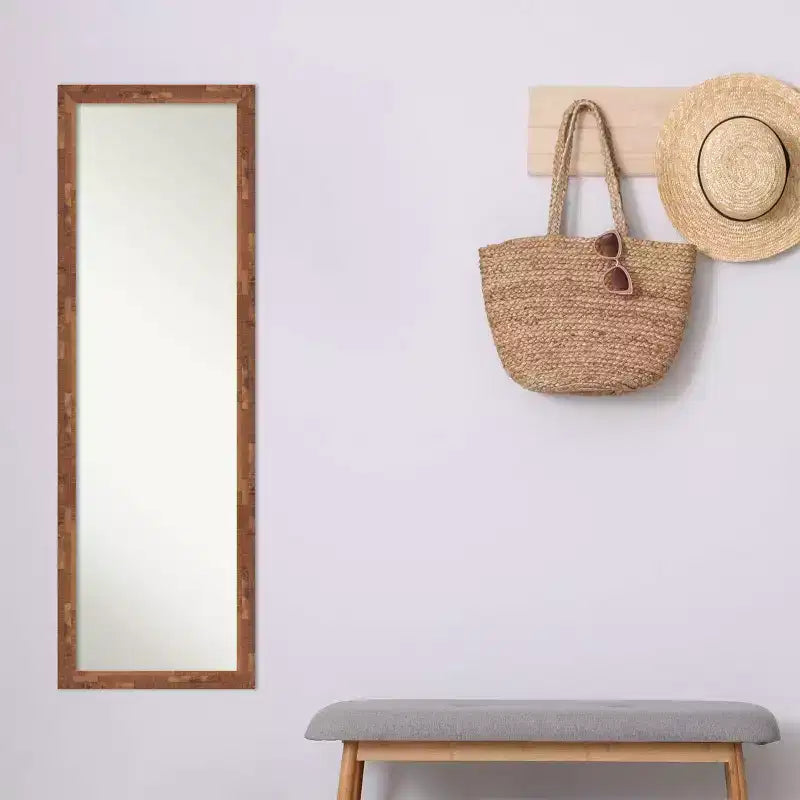 17" x 51" Non-Beveled Fresco Light Pecan Wood on The Door Mirror - Amanti Art