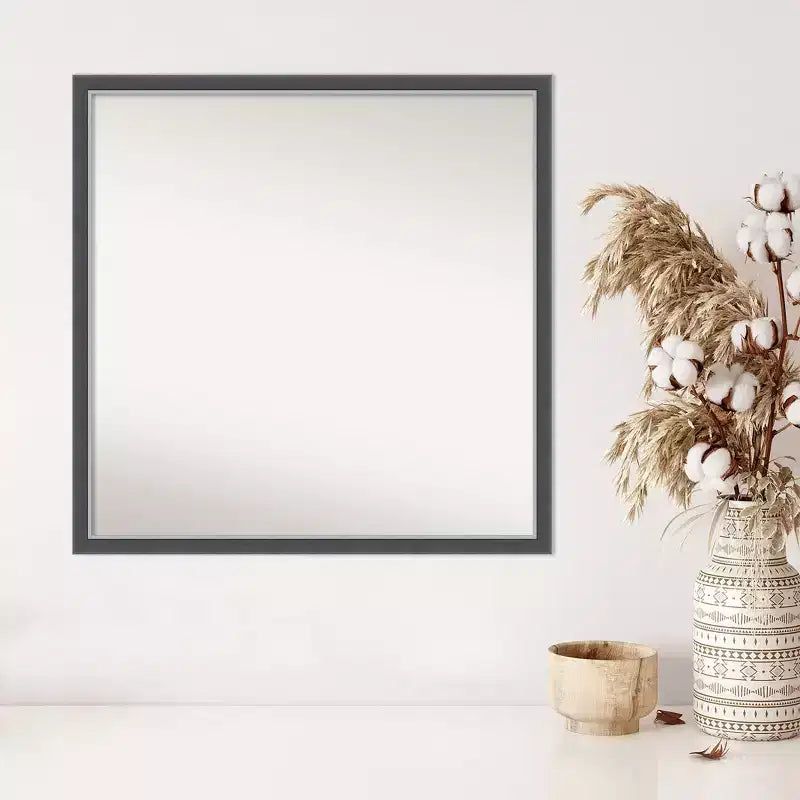 28" x 28" Non-Beveled Eva Black Silver Thin Wall Mirror - Amanti Art: Modern Square Polystyrene Frame, Wall Mounted