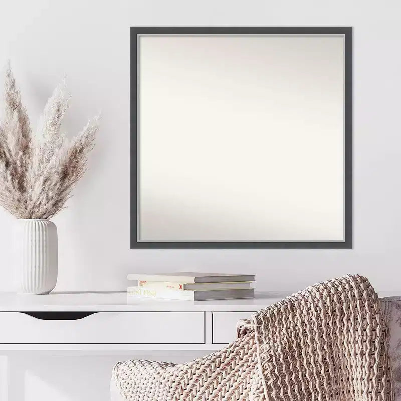 28" x 28" Non-Beveled Eva Black Silver Thin Wall Mirror - Amanti Art: Modern Square Polystyrene Frame, Wall Mounted
