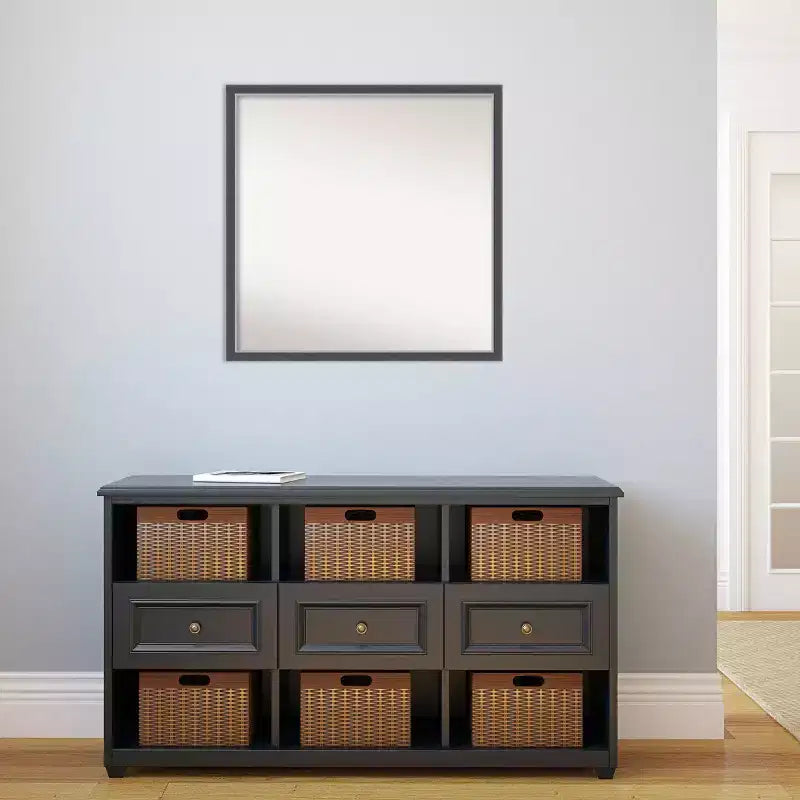 28" x 28" Non-Beveled Eva Black Silver Thin Wall Mirror - Amanti Art: Modern Square Polystyrene Frame, Wall Mounted