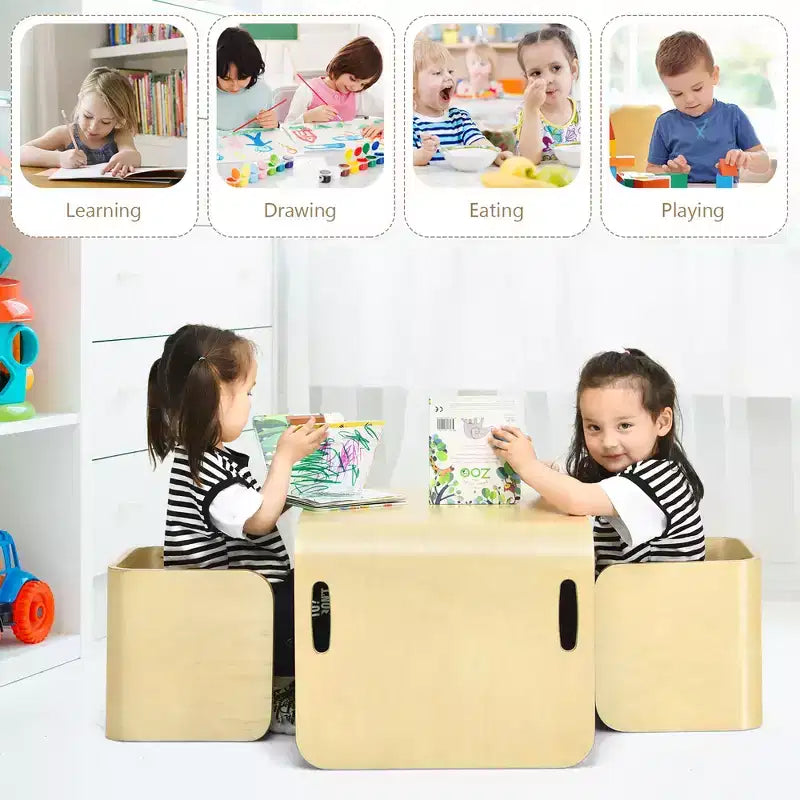 Costway 3 PCS Kids Wooden Table & Chair Set Children Multipurpose Homeschool Furniture Natural/Gray