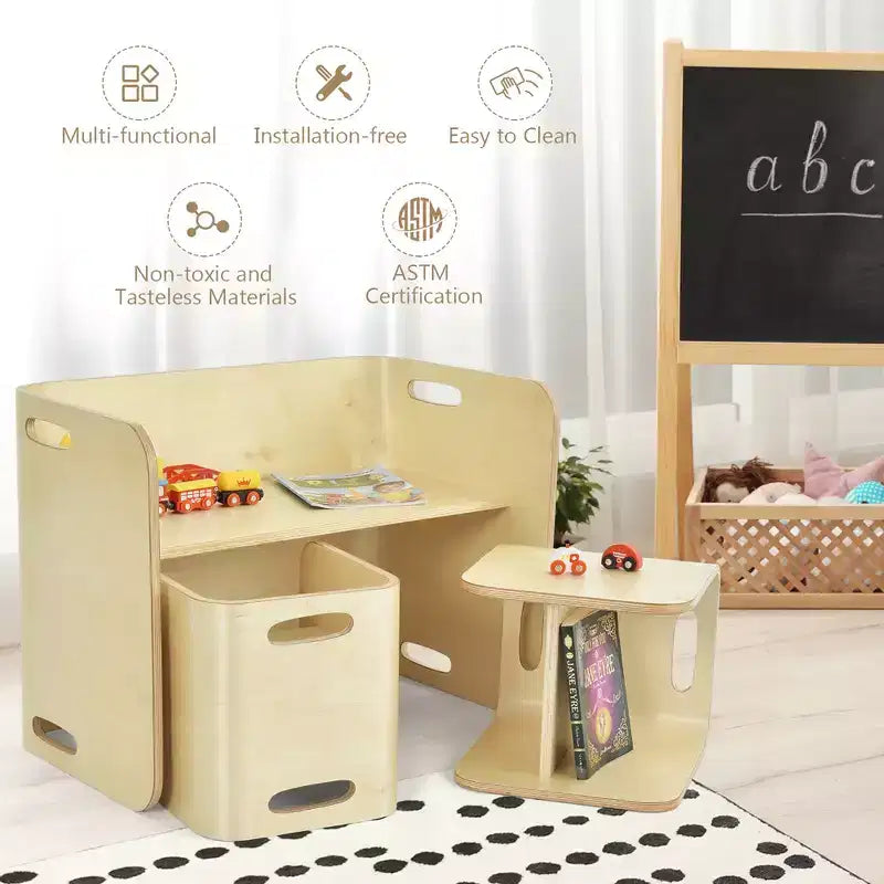 Costway 3 PCS Kids Wooden Table & Chair Set Children Multipurpose Homeschool Furniture Natural/Gray