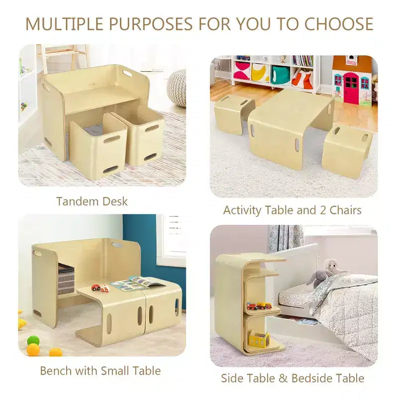 Costway 3 PCS Kids Wooden Table & Chair Set Children Multipurpose Homeschool Furniture Natural/Gray
