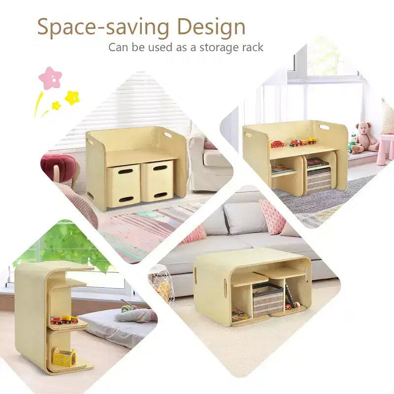 Costway 3 PCS Kids Wooden Table & Chair Set Children Multipurpose Homeschool Furniture Natural/Gray