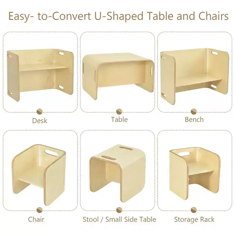 Costway 3 PCS Kids Wooden Table & Chair Set Children Multipurpose Homeschool Furniture Natural/Gray