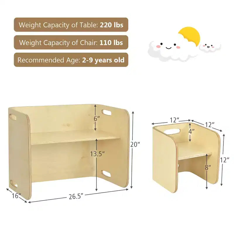 Costway 3 PCS Kids Wooden Table & Chair Set Children Multipurpose Homeschool Furniture Natural/Gray