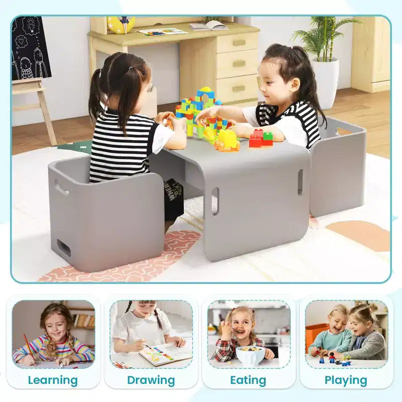 Costway 3 PCS Kids Wooden Table & Chair Set Children Multipurpose Homeschool Furniture Natural/Gray