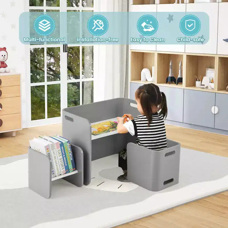 Costway 3 PCS Kids Wooden Table & Chair Set Children Multipurpose Homeschool Furniture Natural/Gray