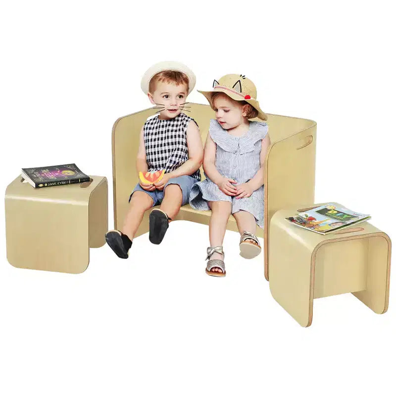 Costway 3 PCS Kids Wooden Table & Chair Set Children Multipurpose Homeschool Furniture Natural/Gray