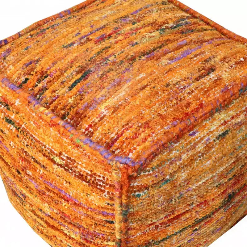 HomeRoots 18 Orange Recycled Silk and Cotton Blend Cube Pouf Ottoman