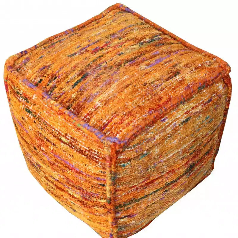 HomeRoots 18 Orange Recycled Silk and Cotton Blend Cube Pouf Ottoman