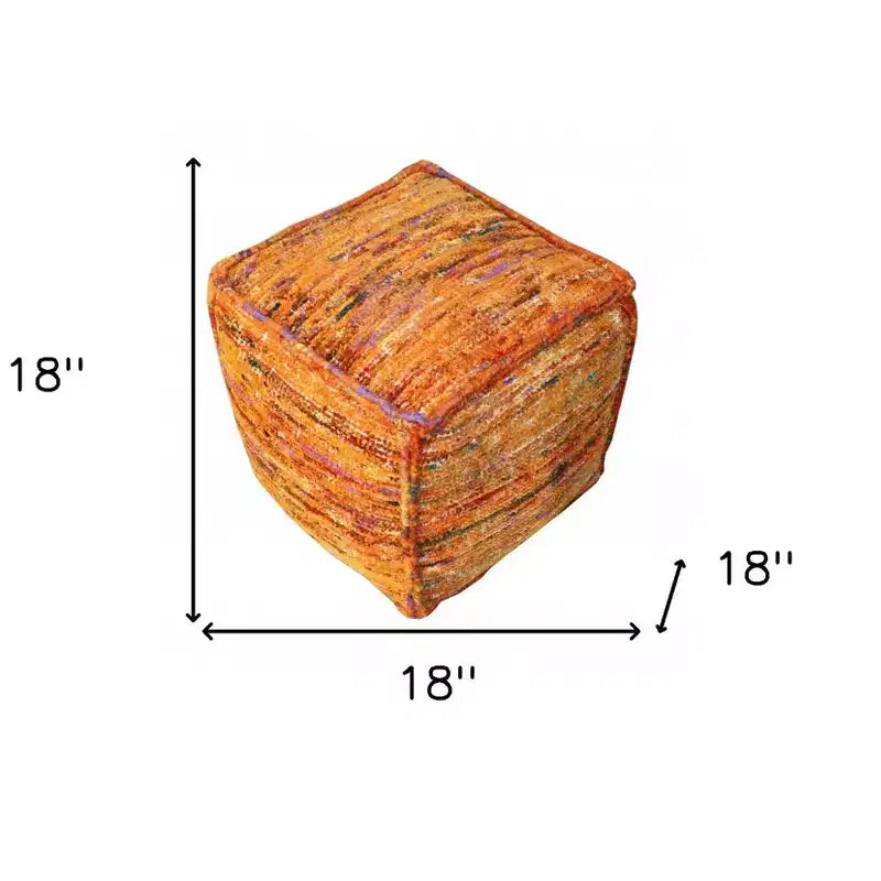 HomeRoots 18 Orange Recycled Silk and Cotton Blend Cube Pouf Ottoman