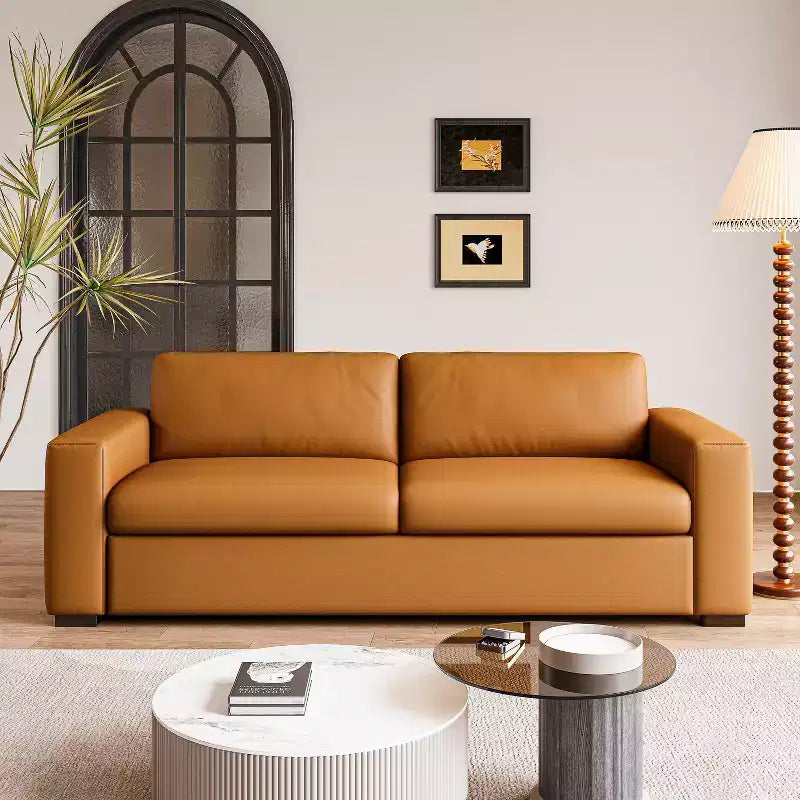 ATJafurn 82.7'' Orange Leather Couch with Square Arm, Mid Century Modern 3-Seat Upholstered Sofa Loveseat for Living Room Office and Small Space