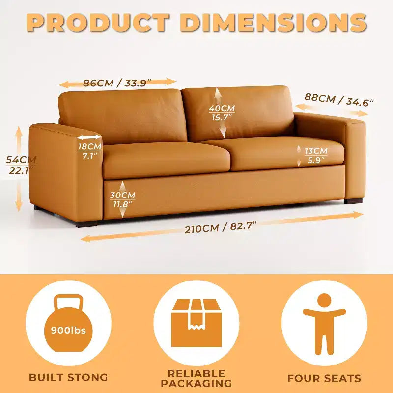 ATJafurn 82.7'' Orange Leather Couch with Square Arm, Mid Century Modern 3-Seat Upholstered Sofa Loveseat for Living Room Office and Small Space