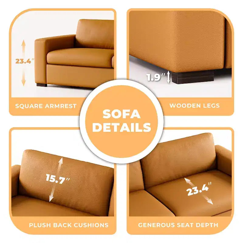 ATJafurn 82.7'' Orange Leather Couch with Square Arm, Mid Century Modern 3-Seat Upholstered Sofa Loveseat for Living Room Office and Small Space