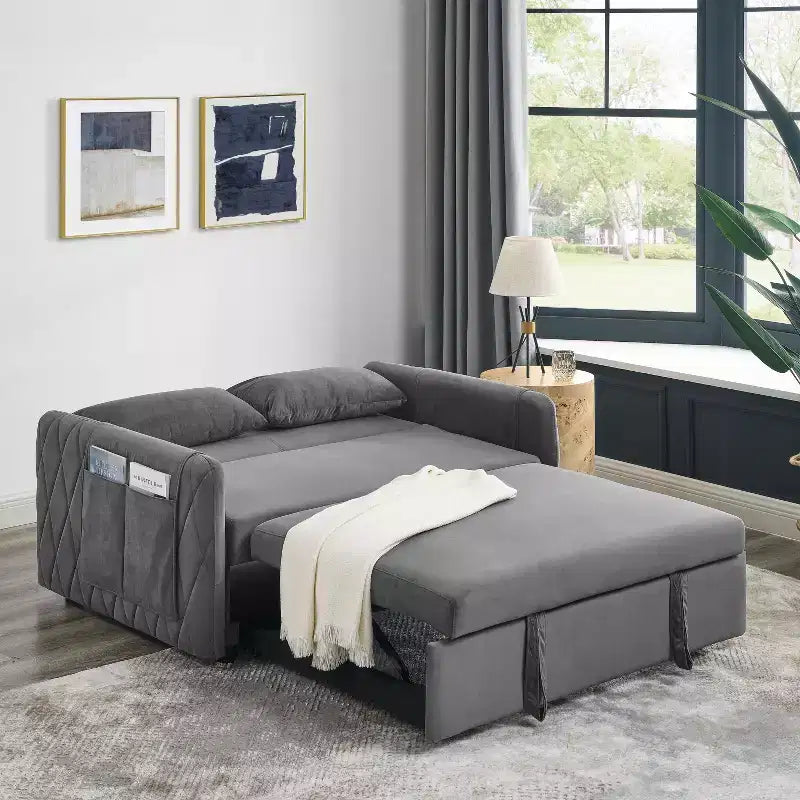 55.5 Modern Pull-Out Sleep Sofa - 2-Seater Loveseat with Lumbar Pillows & Side Pockets