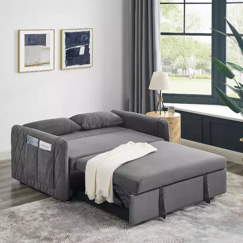 55.5 Modern Pull-Out Sleep Sofa - 2-Seater Loveseat with Lumbar Pillows & Side Pockets