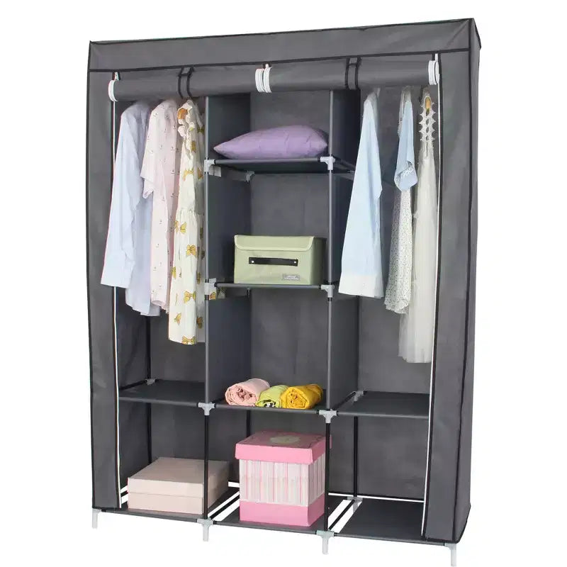 Neat Living Portable Wardrobe Closet Organizer with Cover, Shelves, and Rods for Clothes, Gray  Vertical Hanging Clothing Rack for Coats and Shoes