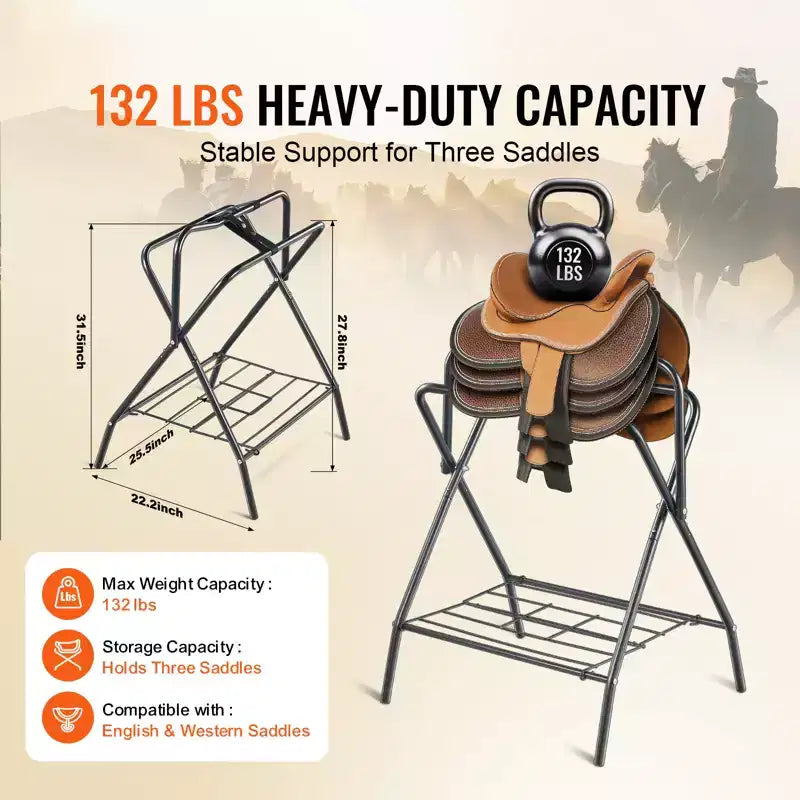 VEVOR Folding Saddle Rack, Freestanding Horse Saddle Stand, Portable Horse Blanket Holder, Heavy Duty Steel Saddle Rack, Black