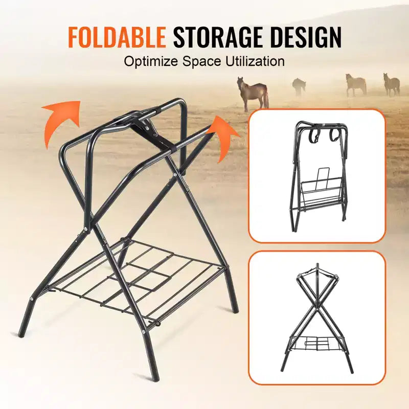 VEVOR Folding Saddle Rack, Freestanding Horse Saddle Stand, Portable Horse Blanket Holder, Heavy Duty Steel Saddle Rack, Black