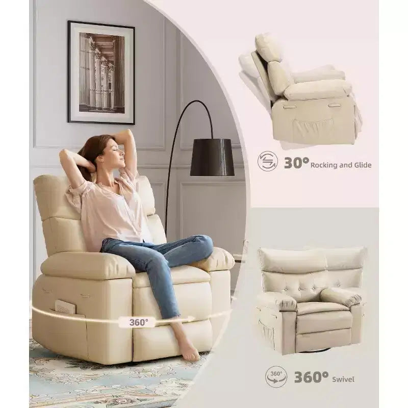 27 Oversized Recliner with Heat & Massage  360 Swivel & Manual Rocking, Remote Control for Living Room, Bedroom