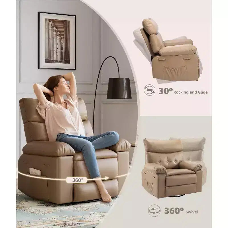 27 Oversized Recliner with Heat & Massage  360 Swivel & Manual Rocking, Remote Control for Living Room, Bedroom