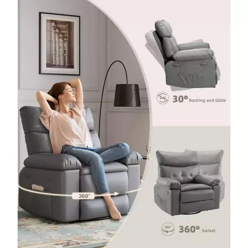 27 Oversized Recliner with Heat & Massage  360 Swivel & Manual Rocking, Remote Control for Living Room, Bedroom