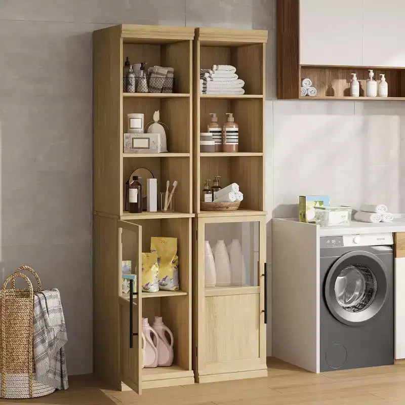70 Tall Narrow Storage Cabinet with Glass Door, Open Shelves, Freestanding Slim Bathroom Cabinet for Small Spaces, Kitchen, Laundry Room, Living Room