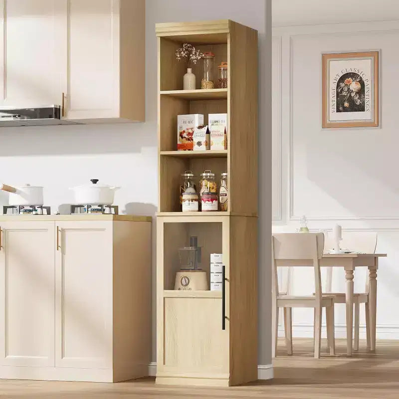 70 Tall Narrow Storage Cabinet with Glass Door, Open Shelves, Freestanding Slim Bathroom Cabinet for Small Spaces, Kitchen, Laundry Room, Living Room
