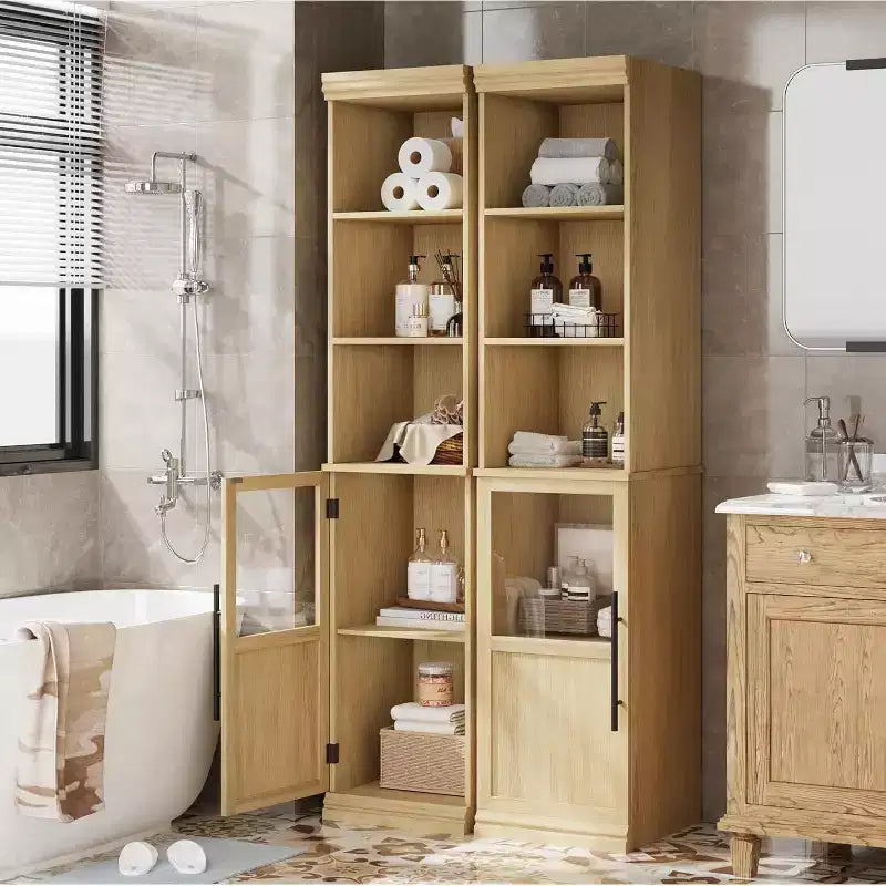 70 Tall Narrow Storage Cabinet with Glass Door, Open Shelves, Freestanding Slim Bathroom Cabinet for Small Spaces, Kitchen, Laundry Room, Living Room