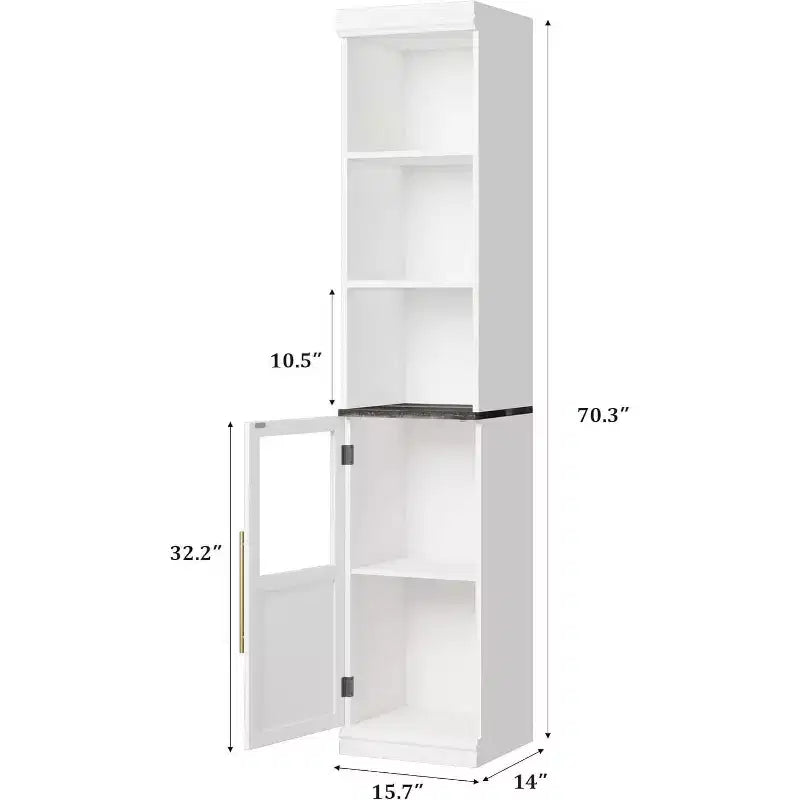 70 Tall Narrow Storage Cabinet with Glass Door, Open Shelves, Freestanding Slim Bathroom Cabinet for Small Spaces, Kitchen, Laundry Room, Living Room