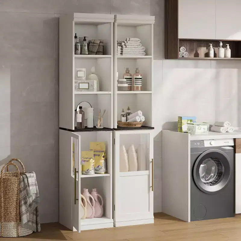 70 Tall Narrow Storage Cabinet with Glass Door, Open Shelves, Freestanding Slim Bathroom Cabinet for Small Spaces, Kitchen, Laundry Room, Living Room