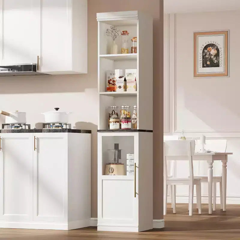 70 Tall Narrow Storage Cabinet with Glass Door, Open Shelves, Freestanding Slim Bathroom Cabinet for Small Spaces, Kitchen, Laundry Room, Living Room
