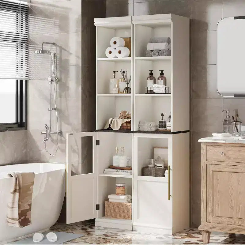 70 Tall Narrow Storage Cabinet with Glass Door, Open Shelves, Freestanding Slim Bathroom Cabinet for Small Spaces, Kitchen, Laundry Room, Living Room