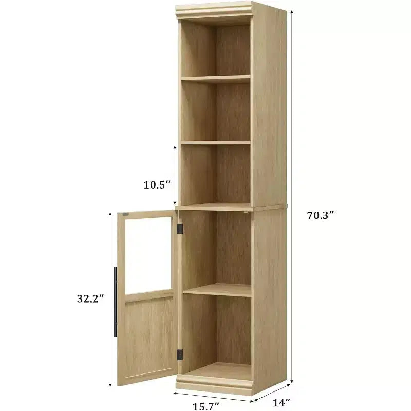 70 Tall Narrow Storage Cabinet with Glass Door, Open Shelves, Freestanding Slim Bathroom Cabinet for Small Spaces, Kitchen, Laundry Room, Living Room