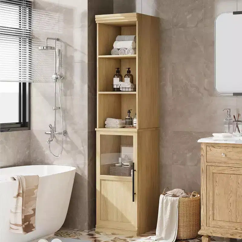70 Tall Narrow Storage Cabinet with Glass Door, Open Shelves, Freestanding Slim Bathroom Cabinet for Small Spaces, Kitchen, Laundry Room, Living Room