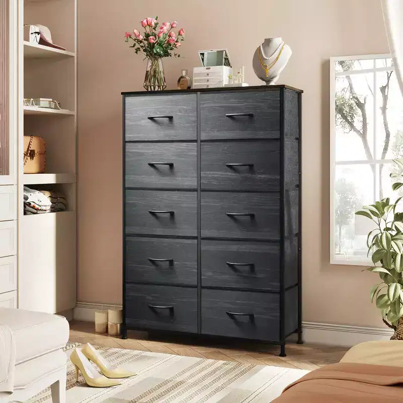 Tall Dresser with 10 Fabric Drawers, Storage Tower with Cabinet, Metal Frame, Organizer Units for Closet