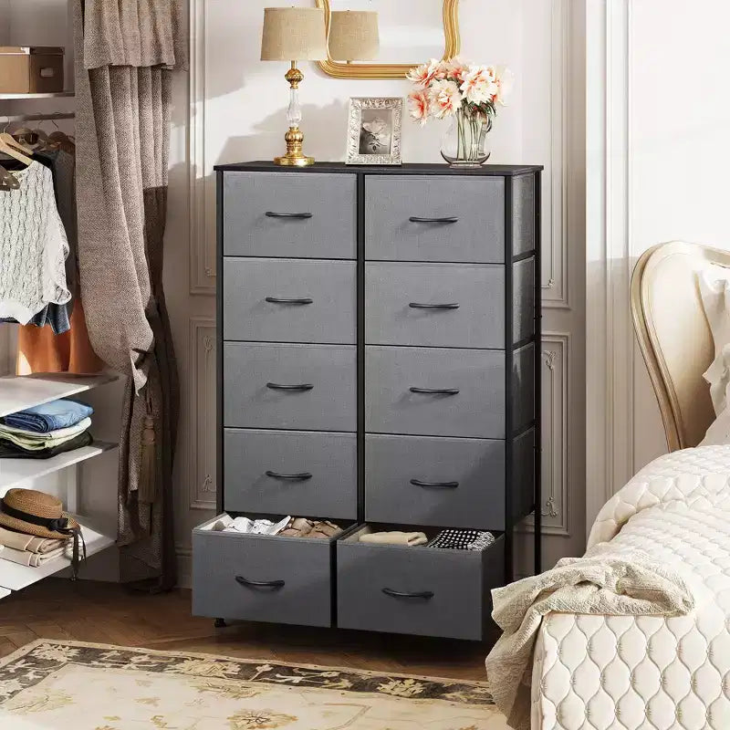 Tall Dresser with 10 Fabric Drawers, Storage Tower with Cabinet, Metal Frame, Organizer Units for Closet