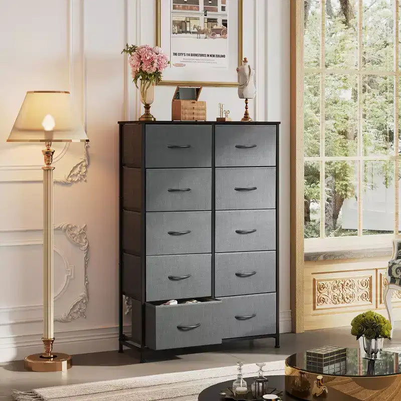 Tall Dresser with 10 Fabric Drawers, Storage Tower with Cabinet, Metal Frame, Organizer Units for Closet