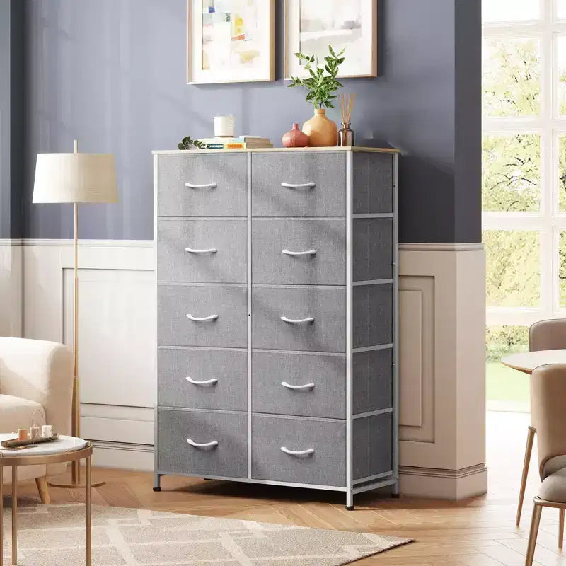 Tall Dresser with 10 Fabric Drawers, Storage Tower with Cabinet, Metal Frame, Organizer Units for Closet