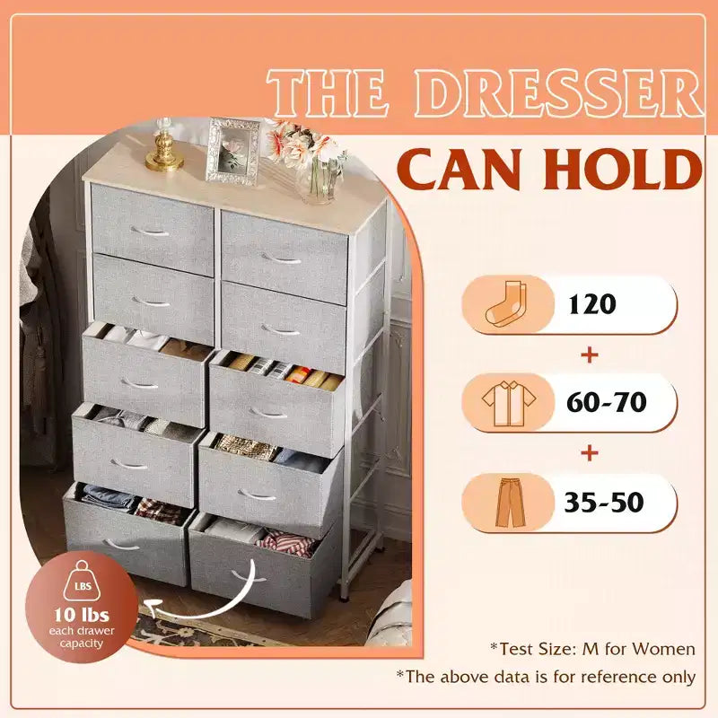 Tall Dresser with 10 Fabric Drawers, Storage Tower with Cabinet, Metal Frame, Organizer Units for Closet