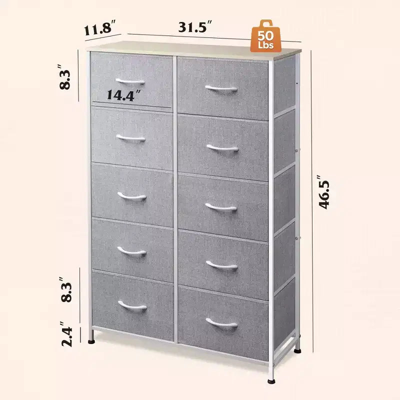 Tall Dresser with 10 Fabric Drawers, Storage Tower with Cabinet, Metal Frame, Organizer Units for Closet