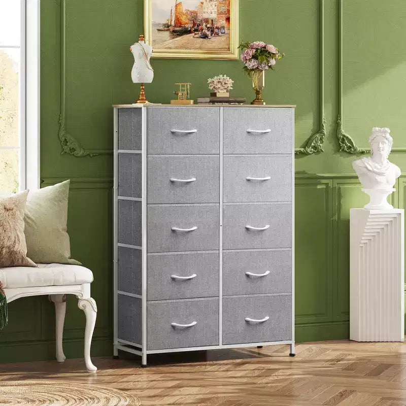 Tall Dresser with 10 Fabric Drawers, Storage Tower with Cabinet, Metal Frame, Organizer Units for Closet