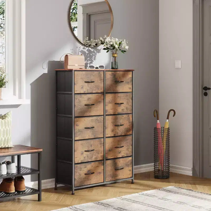 Tall Dresser with 10 Fabric Drawers, Storage Tower with Cabinet, Metal Frame, Organizer Units for Closet